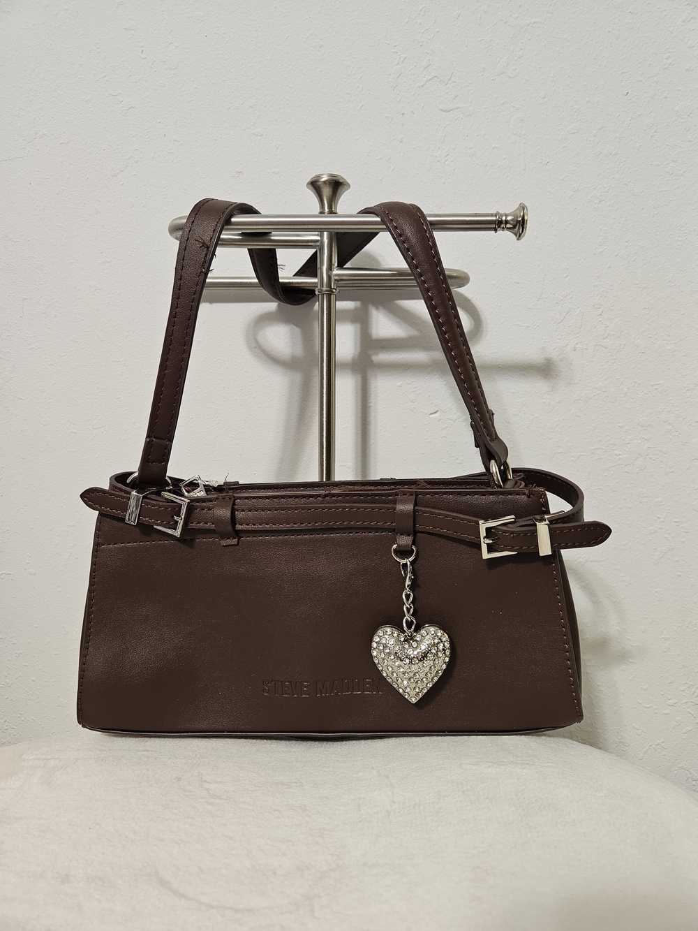 Steve Madden Chocolate Brown Shoulder Bag with Sparkle Heart Charm